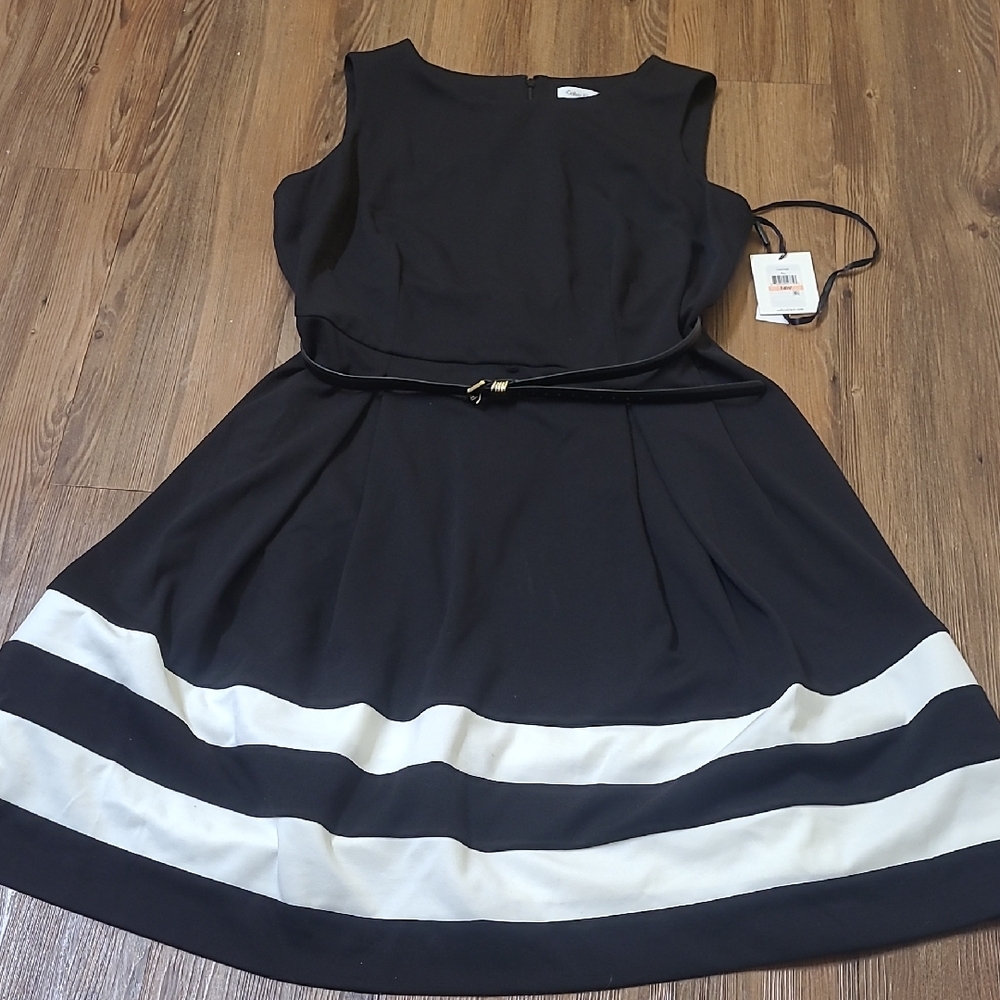 Calvin Klein Black Sleeveless Fit-and-Flare Dress with White‎ Hem Stripes